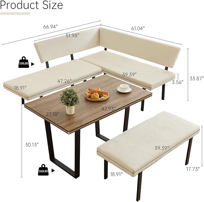 3-Piece Corner Dining Table Set with Bench, 67 Inch Space-Saving Breakfast Nook for Kitchen & Dining Room (Walnut Table & Beige Bench)