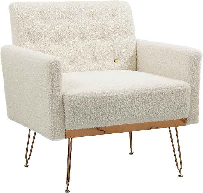 Accent Chair for Living Room, Comfy Oversized Velvet Upholstered Arm Chairs, Mid Century Modern Reading Single Sofa Side Chair with Tufted Back and Gold Legs for Bedroom (1, Teddy White)