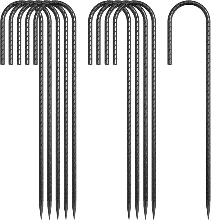 OK5STAR 16 Inch J Hook Rebar Stakes 10 Pack, Heavy Duty 5/16 Inch Diameter Black E-Coated Steel Wind Resistant Ground Anchors for Trampoline, Bounce House, Dog Kennel, Chain Link Fence & Gazebo