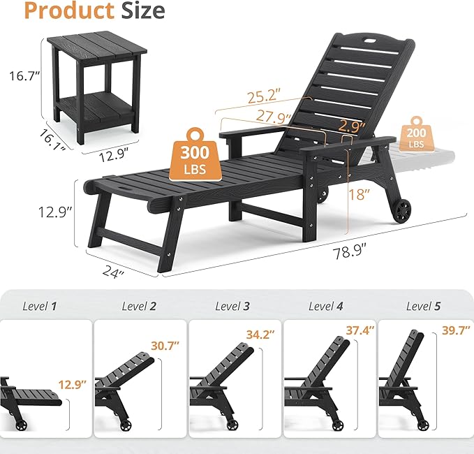 LUE BONA Chaise Lounge Chair with Table, 6-Piece, HDPS Chaise Lounger, 5 Positions Adjustable Lounge Chairs, Pool Lounge Chair with Wheels for Poolside, Backyard, Black