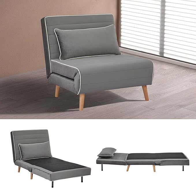CITTANEO 32" Convertible Sleeper Chair, 3-in-1 Folding Sleeper Chair with Pillow, 3-Position Adjustable Backrest for Living Room, Bedroom, Office, Gray