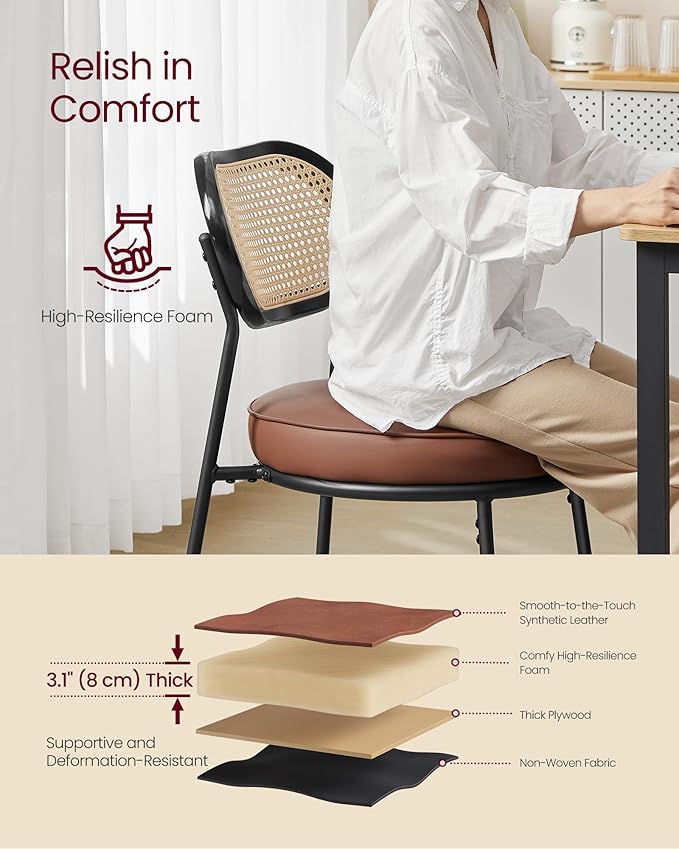 VASAGLE Dining Chairs, Set of 6 Accent Chair for Dining Room Kitchen, with Boho PE Rattan Back, Synthetic Leather Upholstery, Coffee Brown ULDC160K26