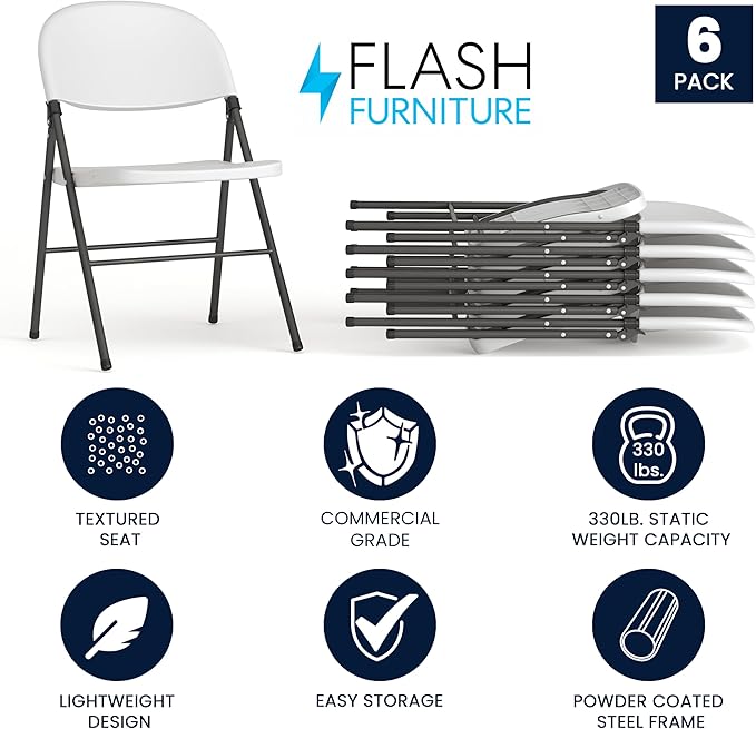 Flash Furniture Mirra Plastic Folding Chairs for Parties and Weddings, Lightweight Commercial Event Seats with 330-lb. Static Weight Capacity, Set of 6, White