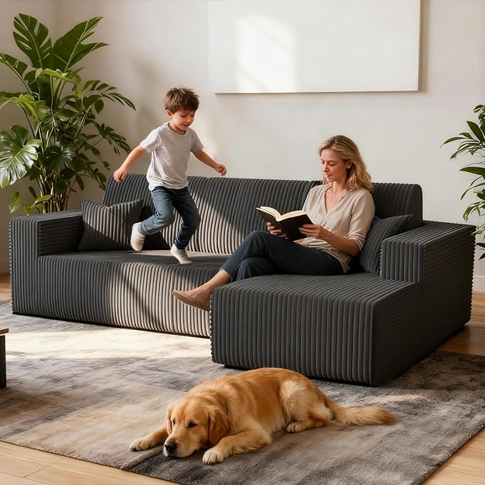 Komusou 110" Boneless Couch, Cloud Modular Sectional Sofa with L-Shape Chaise and Deep Seat, Modern Upholstered Couches for Living Room Bedroom No Assembly Required (Grey, Right Facing Chaise)