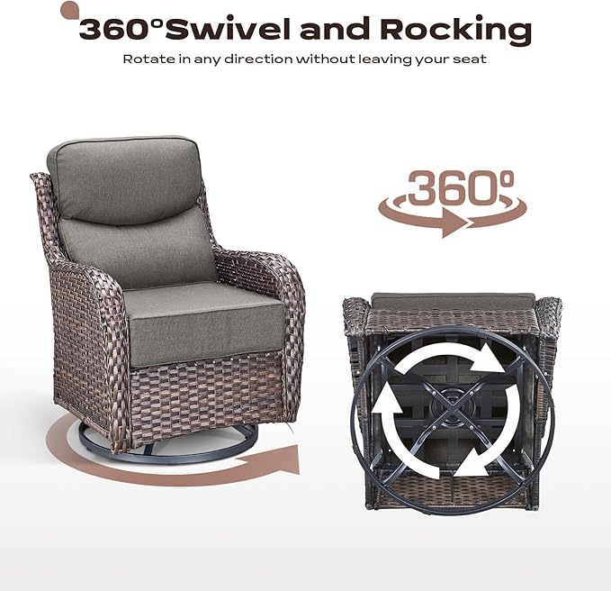 Rilyson Wicker Outdoor Patio Furniture Sets - 5 Piece Patio Conversation Sets with Swivel Rocker Chairs, Ottomans and Sofa, 6 inch Cushions, Waterproof Wicker, for Porch Deck Brown/Grey