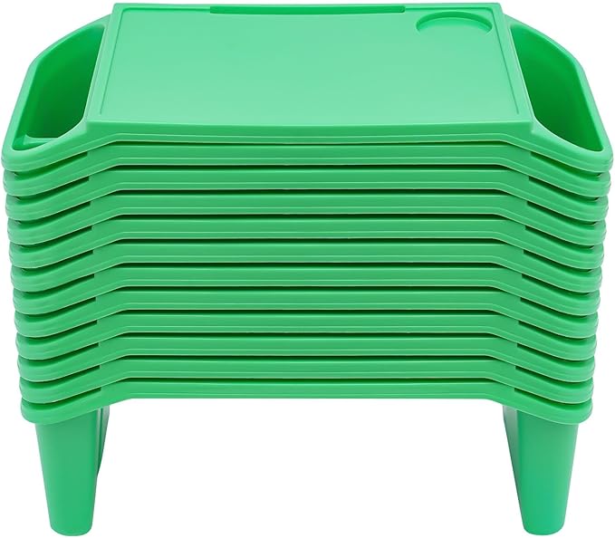Mind Reader Kids Lap Desk, 12 PCS Kids Lap Desk Bulk Tray Lap, Portable Activity Tray with Side Storage, Stackable Plastic Desk Table for Students Drawing, Snacks, Study (Green, Small)