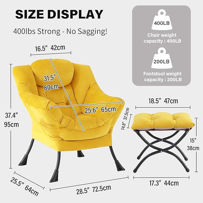 Tiita Lazy Chair with Ottoman, Modern Large Accent Lounge Armchair, Comfy Leisure Sofa Reading Chair with Footrest for Bedroom, Living Room, Dorm Rooms, Garden and Courtyard, Velvet Yellow