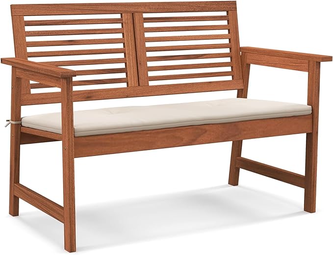 Tangkula Outdoor Bench with Cushion, 2-Person Patio Bench with Slatted Back & Seat, Removable Cushion, Conversation Loveseat Chair for Porch Lawn Garden Backyard Balcony (Off White)