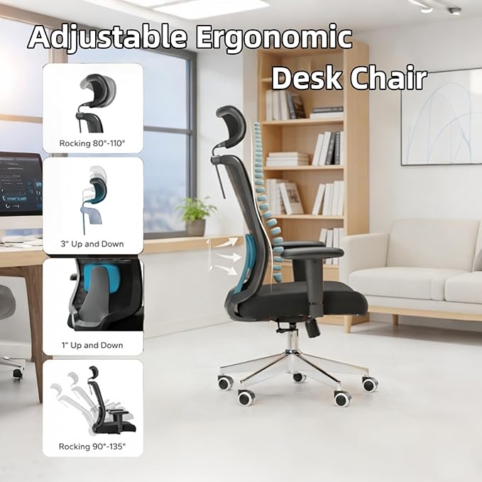 Monhey Office Chair Ergonomic Desk Chair with Lumbar Support&Headrest&Adjustable Arms&Height Rocking Swivel High Back Computer Chair Warm Taupe Mesh Study Chair (08All Black)