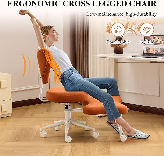 Sudwesto Ergonomic Cross Legged Chair, Corduroy 360° Upholstered Swivel Meditation Chair with Wheels, Comfy Criss Cross Desk Chair for ADHD with Height-Adjustable for Office (Orange - Corduroy)