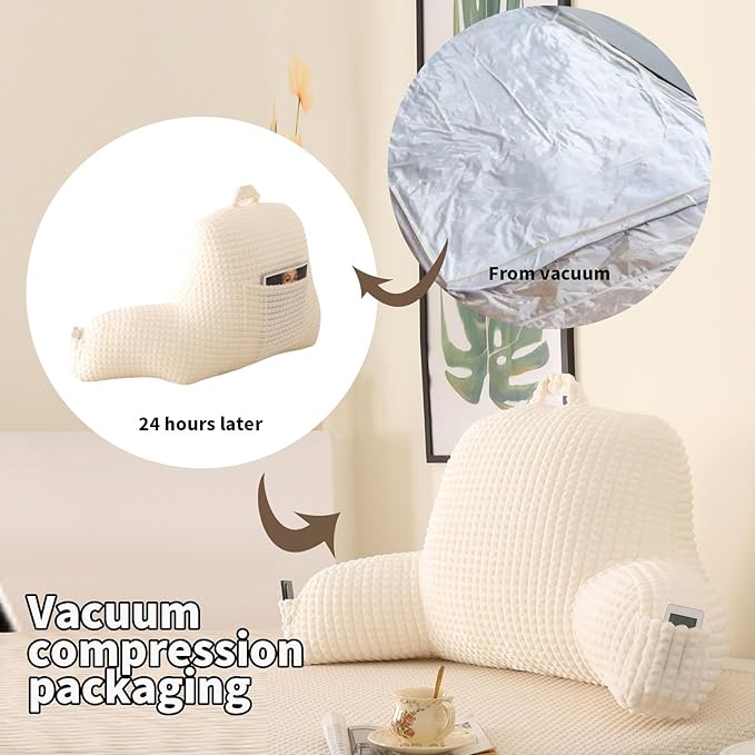 PAJEO Reading Pillow for Sitting in Bed, Large Backrest Reading Pillow with Arm Rest,Back-Rest Support Cushion for Sit Up on Couch, Sofa, and Floor, Dorm Essentials (Cream Flannel, Standard(17inch))