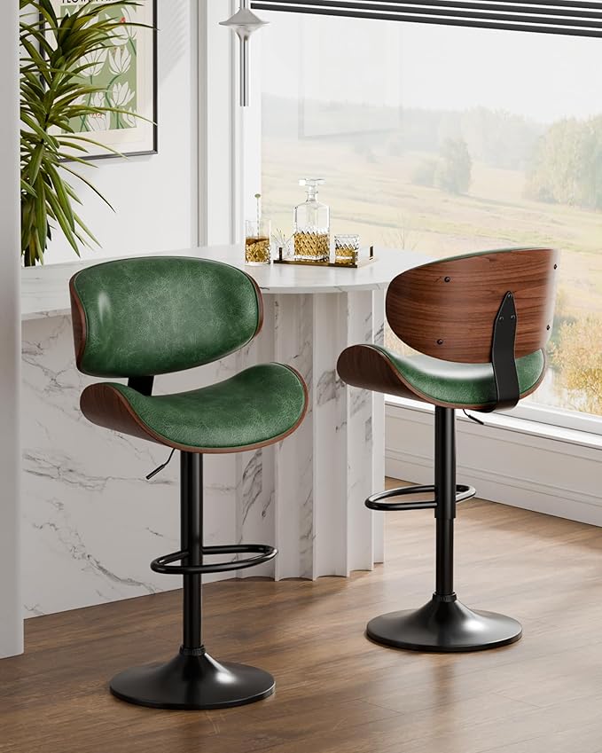 Aowos Bar Stools Set of 3, Adjustable Swivel Leather Bar Stools for Kitchen Island, Mid Century Modern Counter Height Bar Chairs Barstools with Back & Footrest (Green)