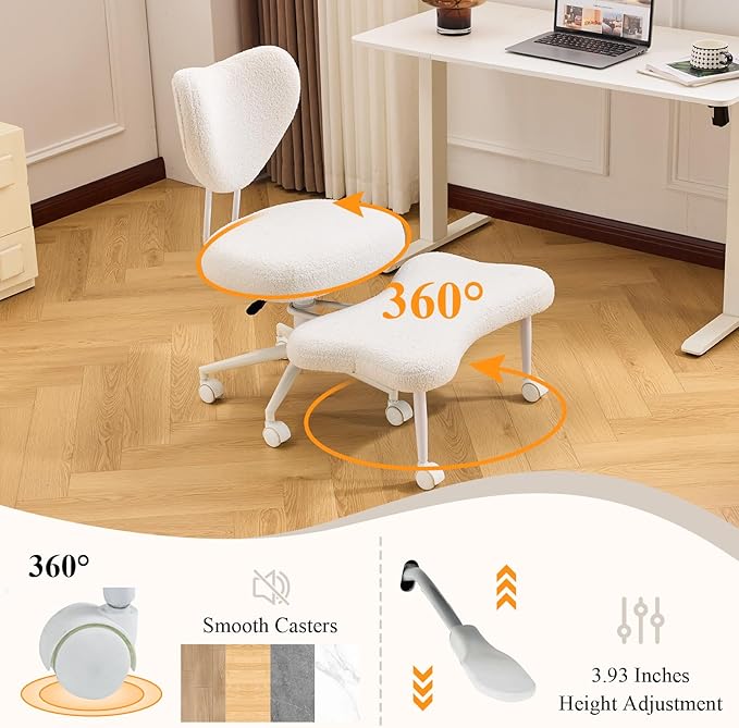 Sudwesto Ergonomic Cross Legged Chair, Teddy 360° Upholstered Swivel Meditation Chair with Wheels, Comfy Criss Cross Desk Chair for ADHD with Height-Adjustable for Office (White - Teddy)