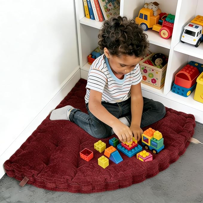 Fan-Shaped Floor Cushion Corner Nook Floor Pillow, Meditation Cushion for Sitting or Yoga, Kids Play Cushions Thick for Indoor or Outdoor Seating 28"*28" Red