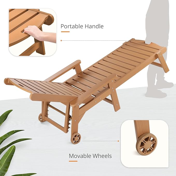 LUE BONA Chaise Lounge Chair with Table, 6-Piece, HDPS Chaise Lounger, 5 Positions Adjustable Lounge Chairs, Pool Lounge Chair with Wheels for Poolside, Backyard, Teak Color