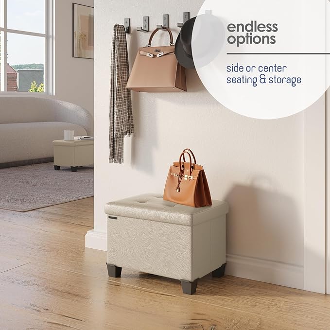 Storage Ottoman Cube with Small Bin, 16-in Square Ottoman with Storage for Living Room and Bedroom, Small Ottomans Foot Rest, Faux Leather Foot Stools Ottomans Max 330lbs, Beige
