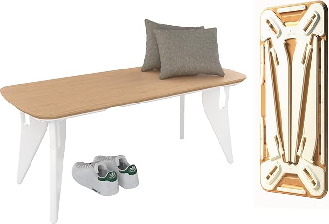 HOEK Modern Bench – Tool-Free Assembly Seating with Space-Saving Design, Compact Bench for Home Office, Living Room, Dining, or Entryway, 42" L x 18" W Durable Plywood & HDPE (Birch/White)