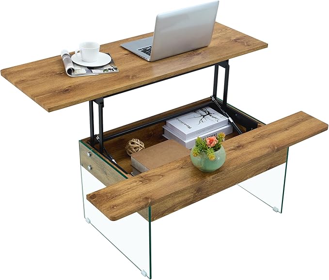 HanStrong 43.3" Lift-Top Coffee Table with Storage,Marble & Tempered Glass Space-Saving for Living Room,Office,Natural
