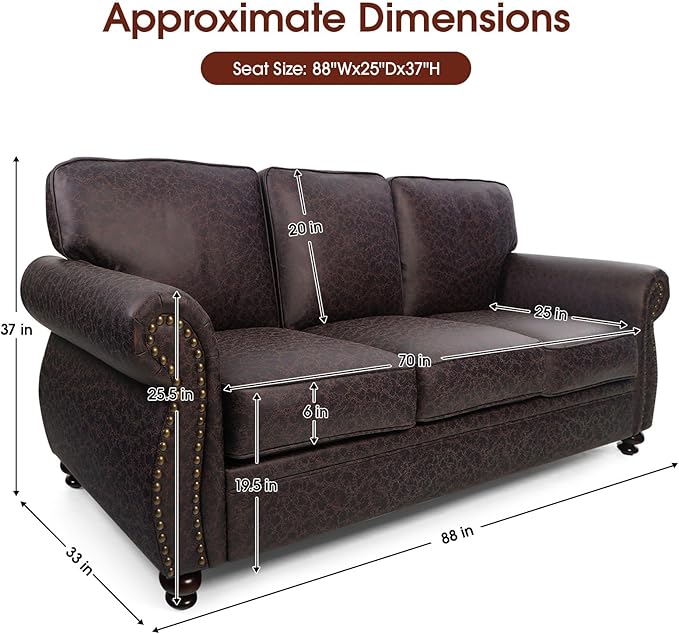 Couchus Mid-Century Vintage Sofa Couches with Rivet Design,3-Seater Sofa,Removable Sofa Cover Upholstered Cushions and Solid Wood Frame (Brown, 3-Seater)