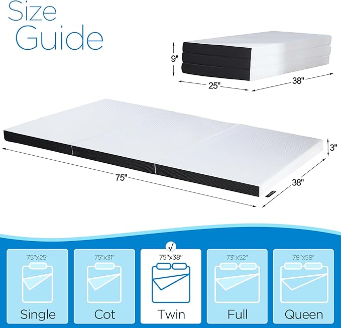 Roxzo Folding Mattress,3 inch Twin Tri-Folding Memory Foam Mattress, Portable Trifold with Washable Cover, Non-Slip Bottom for Camping & Guest Beds, 75"x38"x3"