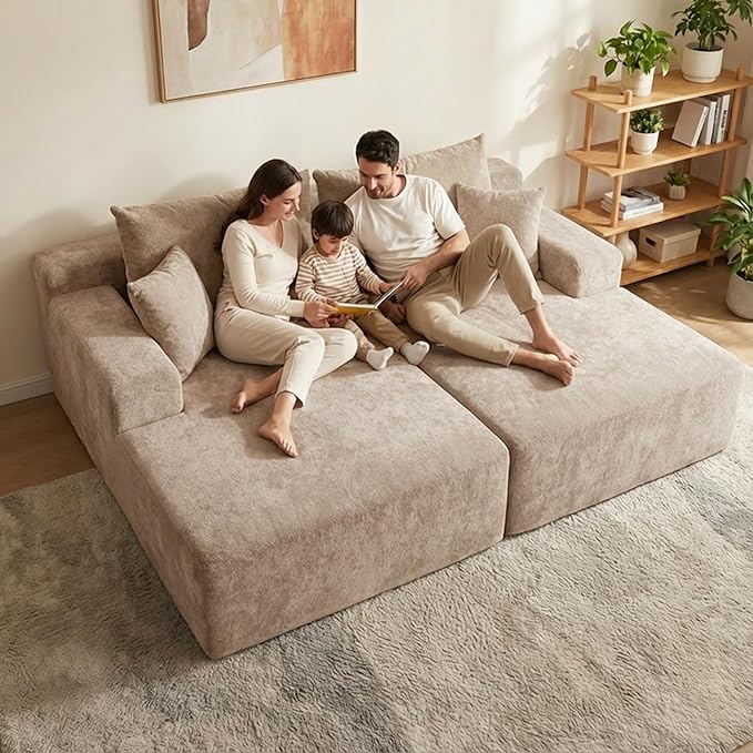 Sytopia Loveseat Chaise Lounge with Armrests, Oversized Sofa Bed with 4 Pillows, Cozy Boneless Sleeper, Modular Sectional Couch for Living Room Bedroom, Floor Chair Furniture sala Chenille