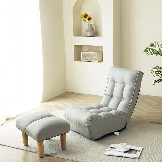 Adjustable Floor Chair with 3-Stage Regulation, Foldable Lazy Sofa Chair with Footrest, Padded Linen Tufted Backrest, Ergonomic Gaming Lounger for Living, Bedroom, Balcony, Grey