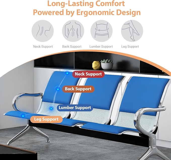 Kinfant Blue 12-Seat Waiting Room Chairs with Arms – Heavy-Duty Steel Frame PU Leather Back & Cushioned Seat, Ergonomic Office Reception Guest Chair for Lobby, Clinic, Airport