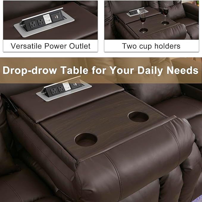 URRED Loveseat Recliner Sofa with Massage and Heat, Flip Middle Backrest Design 3 Seat Power Reclining RV Sofa Couch, Home Theater Seating with LED Lights, USB Ports, Outlets, Faux Leather, Dark Brown