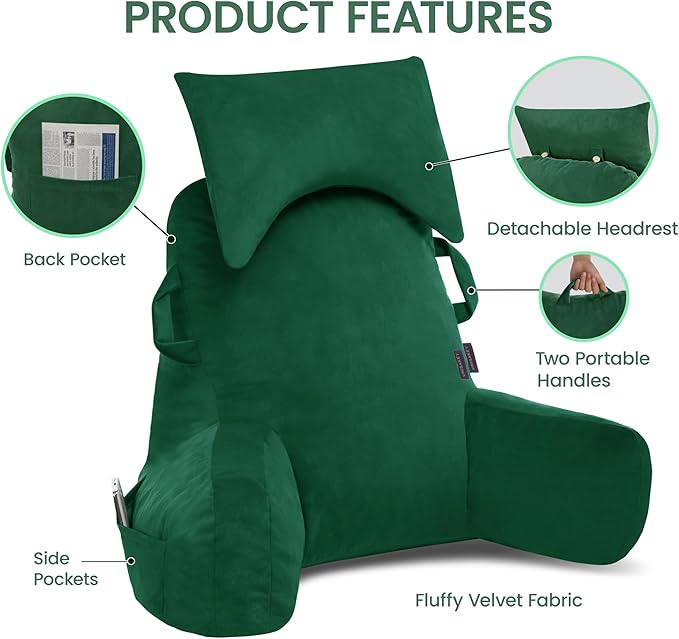 Unisakey Portable Reading Pillows with Headrest for Bed Sitting Up(Green Oeko-Tex), Velvet Back Pillow with Arms & Pockets for Adults, Support Memory Foam Bed Pillow for Dorm/Reading/Watching/Gaming