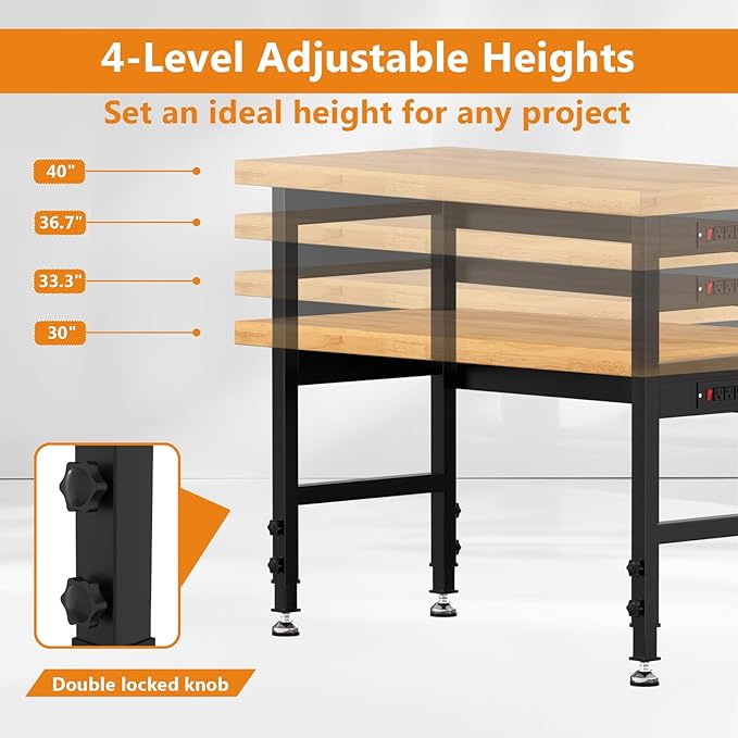 48" Heavy-Duty Solid Work Bench with Power Outlets, Adjustable Height Workbench with Rubber Pad, 2000 LBS Capacity Work Table for Garage, Workshop, Office, Home