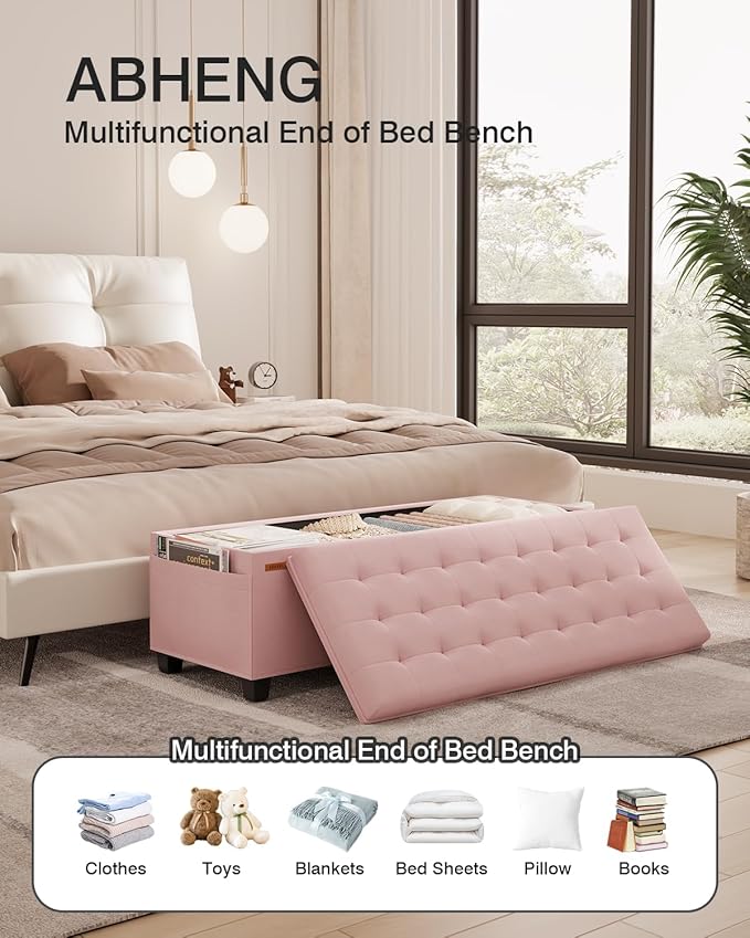 ABHENG Velvet Storage Ottoman Bench, End of Bed Bench with Legs, Large Entryway Bench, Foot Rest Stool, Tea Table for Bedroom, Living Room, Loads 770 lb, 15.7"L x 43"W x 15.7"H, Jelly Pink, UASND62P