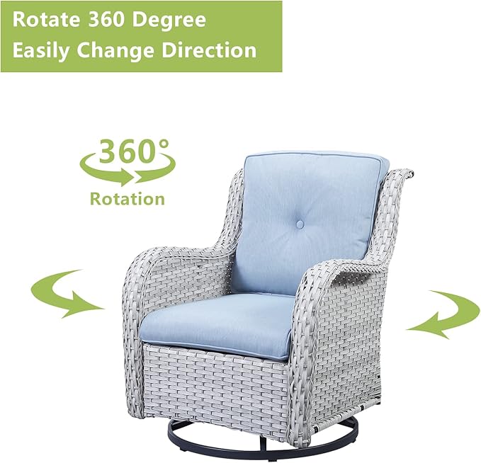 Patio Furniture Swivel Chairs Set - 5 Piece Rattan Wicker Outdoor Sectional Conversation Sets with 2 Swivel Rocking Chairs,2 Ottomans and 1 Side Table for Porch Deck Garden(Light Grey/Sky Blue)