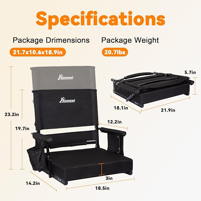 Romswi Stadium Seat with Height Adjustable High Back & Lumbar Support, 2-Pack Bleacher Chairs with 2 Height Adjustments, Armrests & Cup Holders, Comfortable & Portable, Black