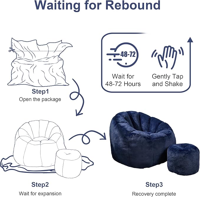 Pumpkin Shaped Bean Bag Chair with Ottoman, Gaint Bean Bag Chair for Adults, Faux Rabbit Fur Comfy BeanBag Floor Sofa Chair for Reading, Playing, Relaxing, Dark Blue