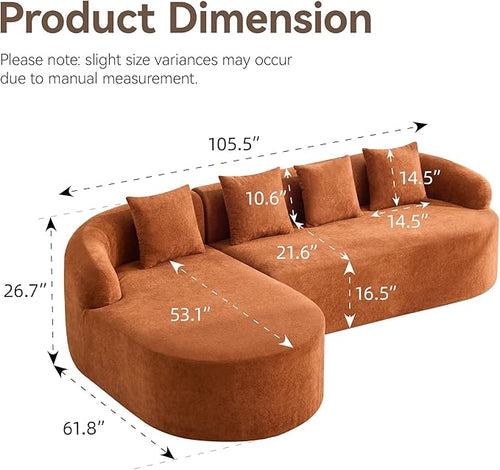 105.5" Boneless Curved Couch, L Shaped 4-Seater Cloud Couch with Deep Seat Chaise, Oversized Curved Sofa, Chenille Modular Sectional Couches for Living Room, No Assembly, Orange
