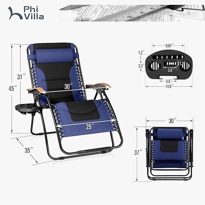 PHI VILLA XXL Oversized Padded Zero Gravity Chair Set of 2, Foldable Patio Recliner, 30" Wide Seat Anti Gravity Lounger with Armrest and Cup Holder, Support 400 LBS (Navy Blue)