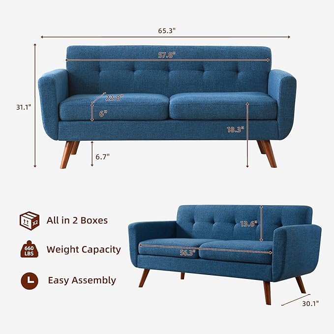 Tbfit 65" W Loveseat Sofa with Ottoman Coffee Table, Mid Century Modern Love Seat Couches for Living Room, Button Tufted Upholstered Small Couch for Bedroom,Easy to Install Love Seats Furniture, Blue | linen fabric, button tufted, solid wood foot, pock...