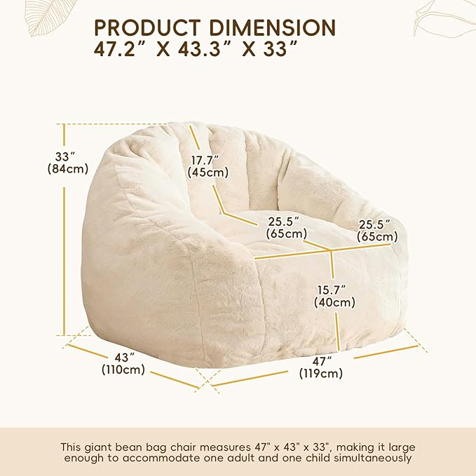 Giant Bean Bag Chair with Armrests 47 Inch Large Plush Bean Bag Couch for Adults and Kids Fluffy Faux Fur Shell-Shaped Oversized Comfy Stuffed Sofa with Filler for Living Room, Bedroom & Dorm, Begie