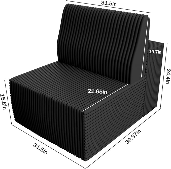 Komusou Single Sofa, Boneless Chair with Back Support & Pillows, for Living Room, Bedroom, Apartment Small Spaces Corduroy Modern Upholstered Couches No Assembly Required (Black)