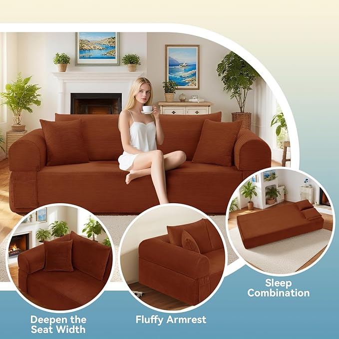 GJQ 3 Seater Couch for Living Room,83" Sofa in a Box,Cloud Sofa Bed with Tufted Cushion & Backrest, Corduroy Boneless Couch Upholstered Floor Sofa with Storage Pockets,No Assembly Required,Orange