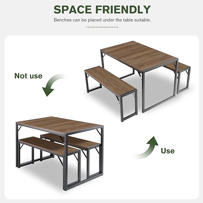 IMUsee 3PC 47.2" Dining Table Set for 4 with Benches, Heavy Duty Metal Frame, Small Space Saving Kitchen Dinette, Wood Board and Grey Legs