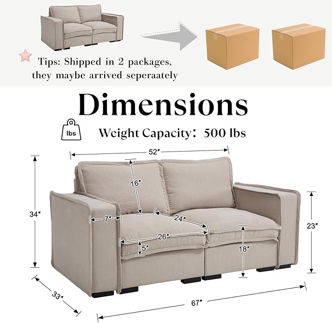 HEAY-YO 67 Inches Modern Modular Sectional Sofa,2-Seater Comfy Couch with High Density Foam and Armrests,Floor Sofa for Living Room Bedroom Apartment,Linen Sand