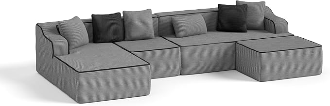 PHI VILLA Cloud Modular Couch, Boneless Sectional Sofa with U-Shaped Chaise, 6-Seater Couches with Movable Ottoman for Living Room, No Assembly Required, Corduroy, Grey