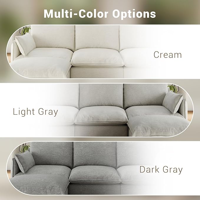 Forest aesthetics 124" L Shape Cloud Modular Sectional,4 Seater with Chaise Waterproof High Backrest Sectional Sofas,Down Filled Modular Couch with Removable Washable Cover for Living Room,Dark Gray