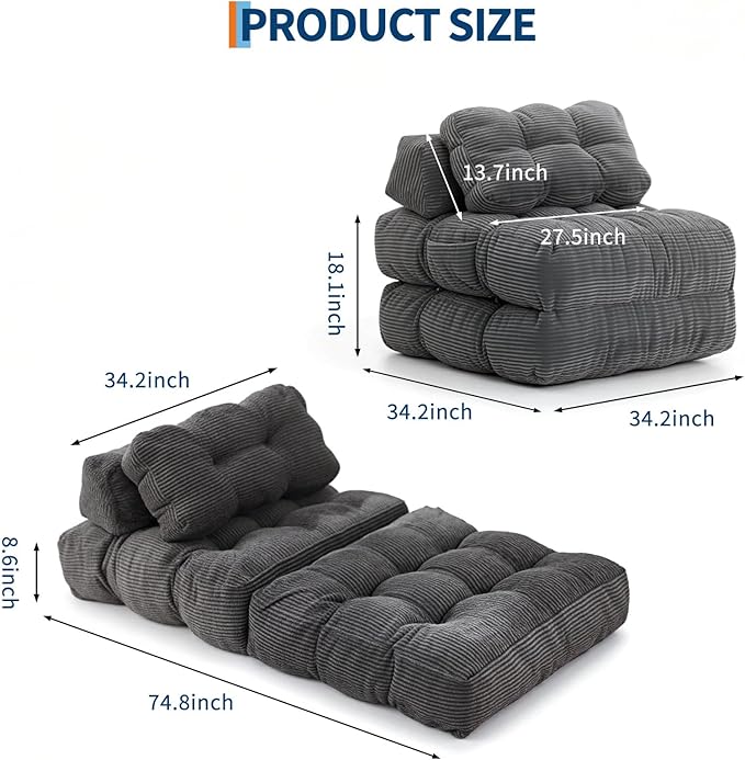 Garvee Folding Sofa Bed, Convertible Sleeper Chair with Pillow Foldable Mattress with Back Support, Boneless Fold Out Chair Bed Comfy Floor Sofa Lounge for Living Room, Bedroom, Dark Gray, Single