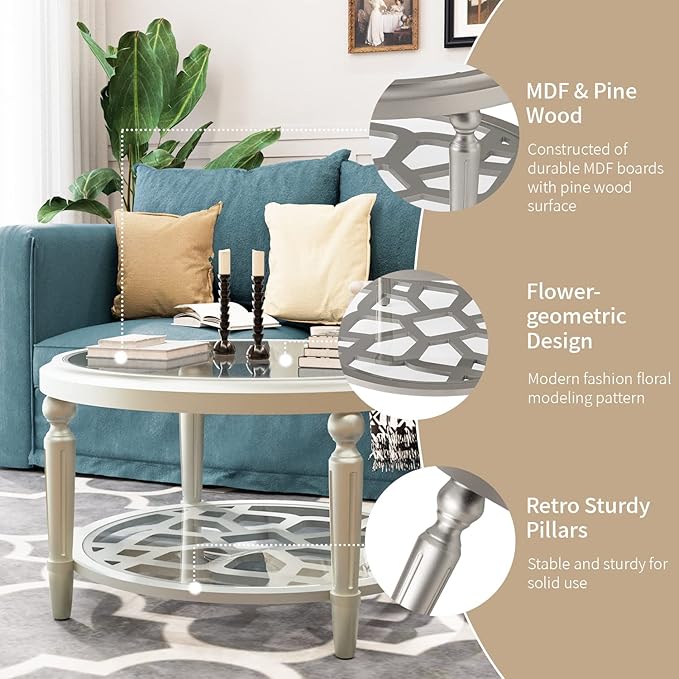 SUNBURY Glass Coffee Table, 32" Round Coffee Table, Glass Side Table, Lightweight Accent End Table for Living Room, Bedroom, Dinning