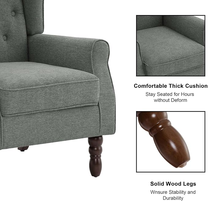 DREAMSIDEA Accent Chair, Upholstered Armchair with Button Tufted High Back & Solid Wood Legs, Comfy Wingback Reading Single Sofa Chair for Small Spaces, Living Room, Bedroom (Grey, Set of 2)