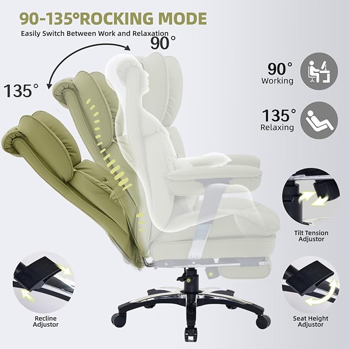 Efomao Big and Tall Office Chair with Footrest – High Back Computer Chair with Adjustable Armrests，Executive Office Chair with Wide Seat, Modern Desk Chair for Home Office, Gaming, or Study, Green