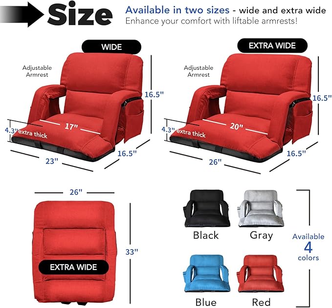 Wide Stadium Seats With Back Support 2 Pack, Exclusive "Sofa Style" Design Extra Thick Bleacher Chairs With Back and Cushion, 6 Reclining Positions - Ultimate Comfort for Sports Events (Red, 22.5")