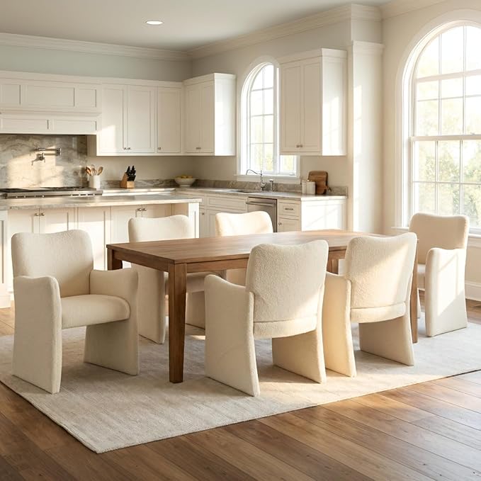 CIMOTA Boucle Dining Chairs Set of 6, Sherpa Upholstered Accent Chairs with Arms/Wood Legs, Comfortable Kitchen Chairs for Living/Reception/Dining Room, Beige